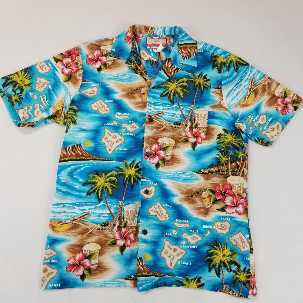 RJC Hawaiian Aloha Shirt Mens Medium Blue Island Map Floral Cotton Made USA - Picture 2 of 11